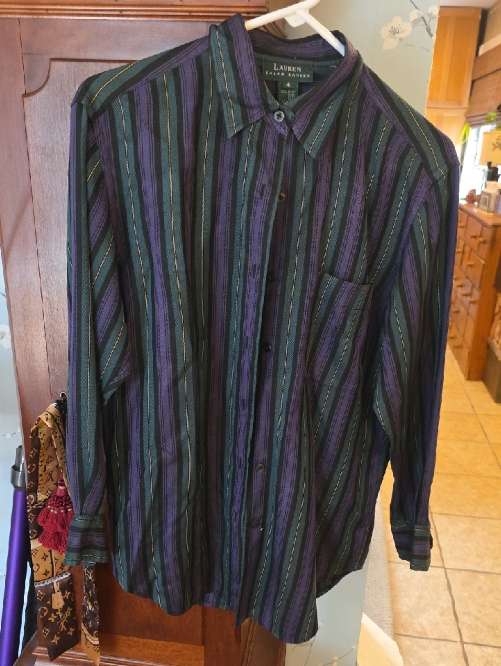 Lauren Ralph Lauren Blue, Purple & Black Striped Silk Button-Up
